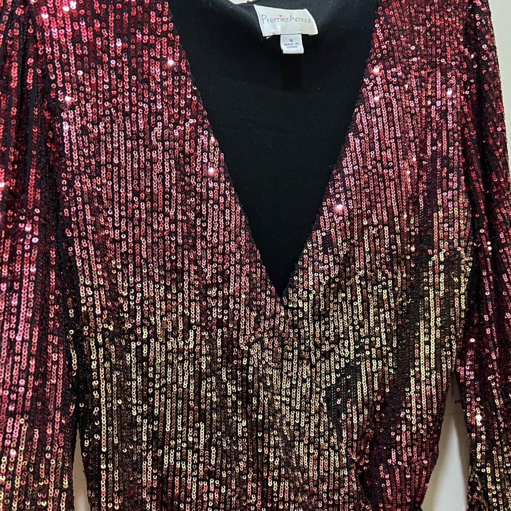 Premier Amour wrap sequins dress ombre gold red (burgandy) holiday party 16 NWT - Picture 4 of 11